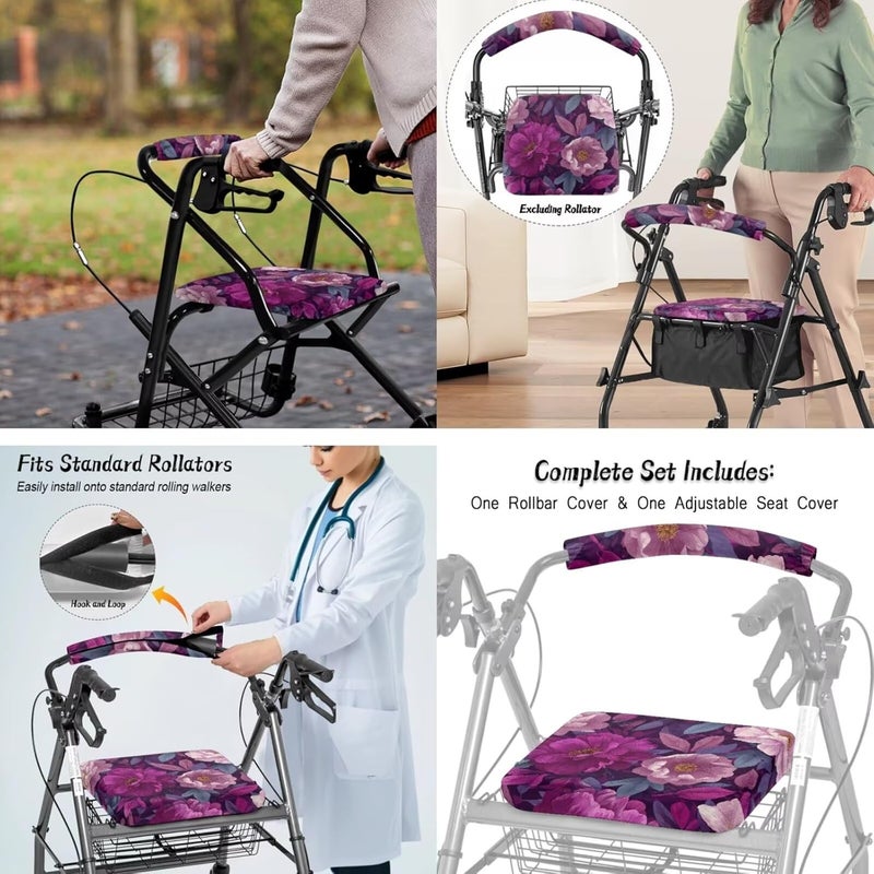 LedBack Universal Rollator Walker Seat and Backrest Covers Rollator Cover Walker Accessories Sets for Seniors Durable Underseat Pouch Tote, Purple Floral Leaves - Image 4